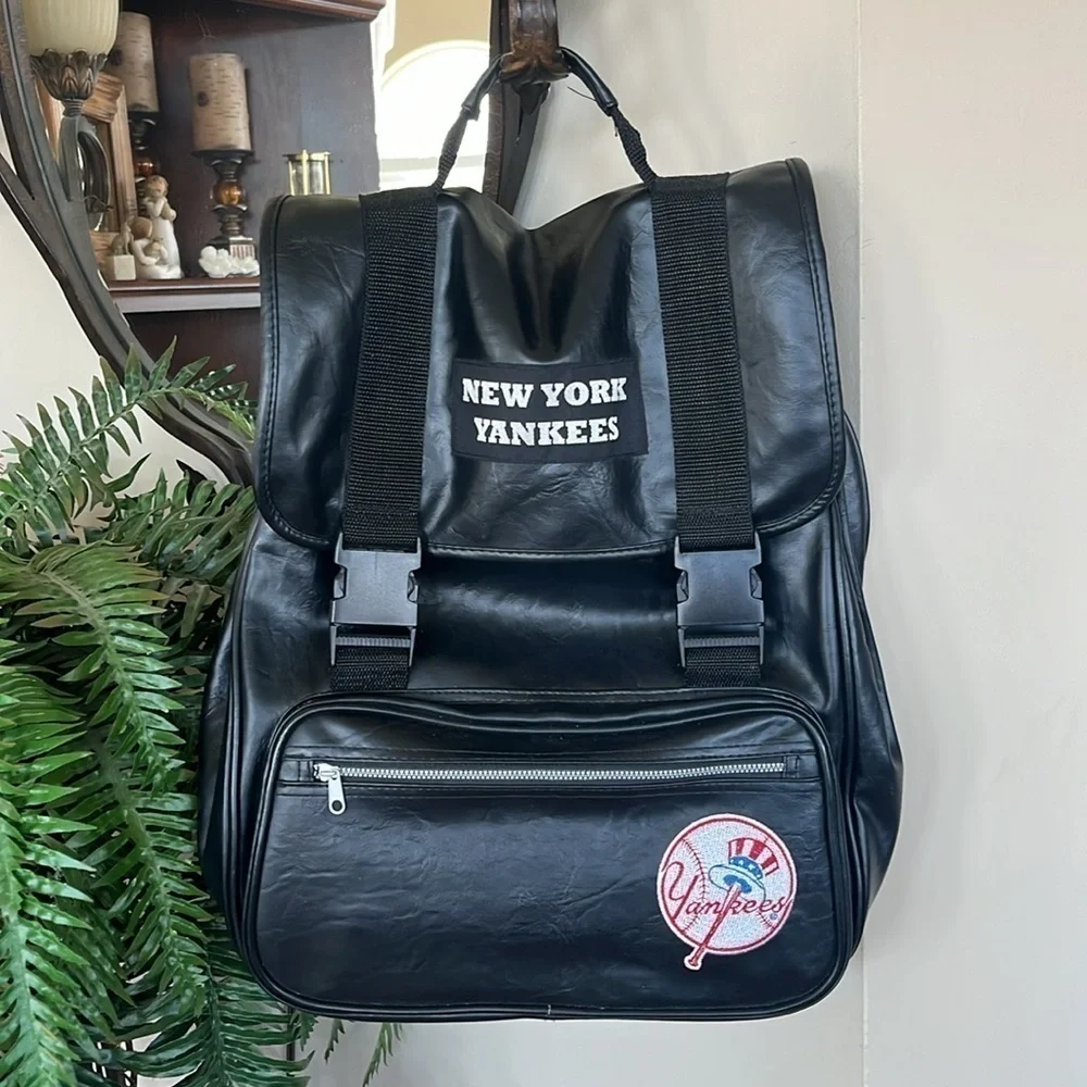New York Yankees Black Vegan Leather Drawstring Backpack MLB Patch Baseball